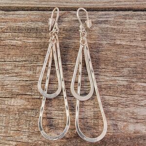 Sterling Two Tier Hammered Dangle Drop Hoop Earrings